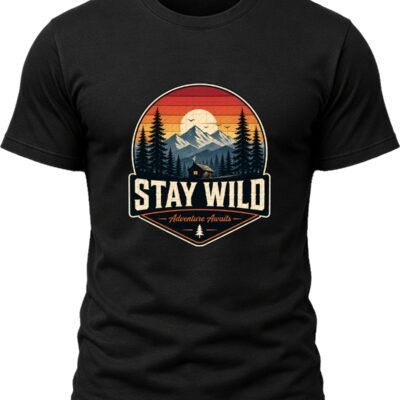 Stay Wild Adventure Awaits Shirt with mountain sunset, pine forest, cabin, birds, and vintage outdoor wilderness badge design.