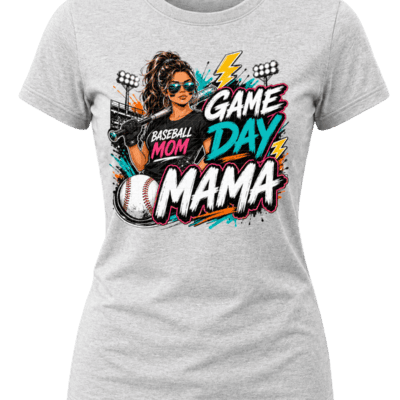 Street-art Game Day Mama baseball graphic with a baseball mom holding a bat, stadium lights, baseball, teal, pink, orange and white lettering.