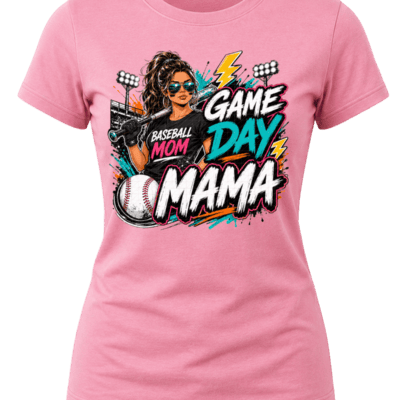 Street-art Game Day Mama baseball graphic with a baseball mom holding a bat, stadium lights, baseball, teal, pink, orange and white lettering.