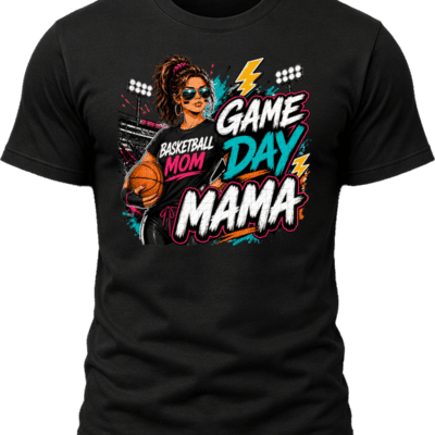 Street-art Game Day Mama basketball graphic with a basketball mom holding a ball, arena lights, teal, pink, orange and white lettering.