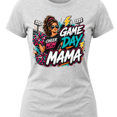 Street-art Game Day Mama cheer graphic with a cheer mom holding pink, teal and white pom-poms beside stadium lights and bold lettering.