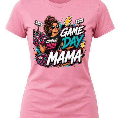 Street-art Game Day Mama cheer graphic with a cheer mom holding pink, teal and white pom-poms beside stadium lights and bold lettering.