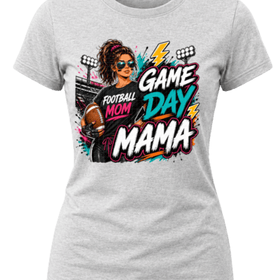 Street-art Game Day Mama football graphic with a football mom holding a ball, stadium lights, teal, pink, orange and white lettering.