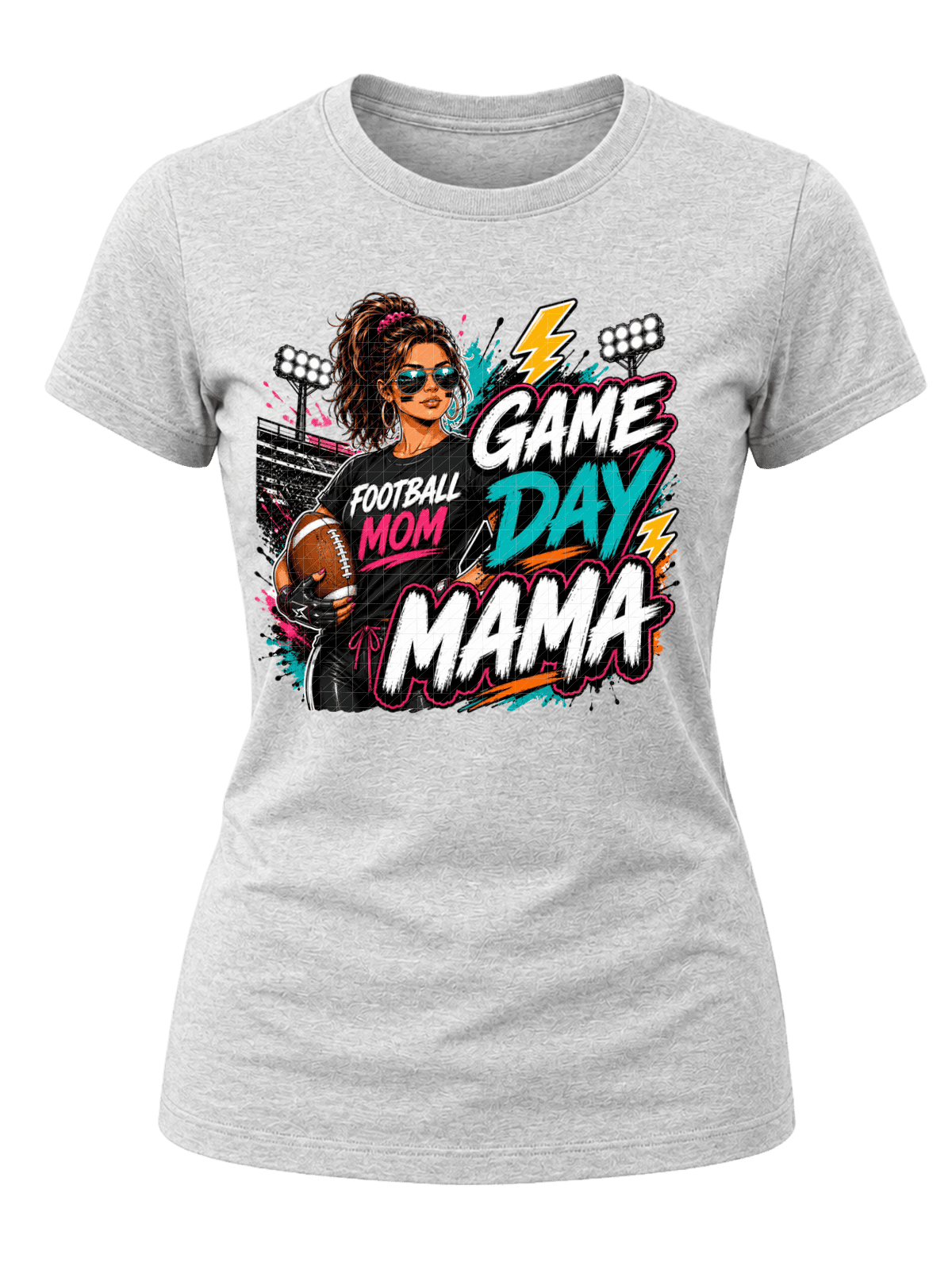 Street-art Game Day Mama football graphic with a football mom holding a ball, stadium lights, teal, pink, orange and white lettering.