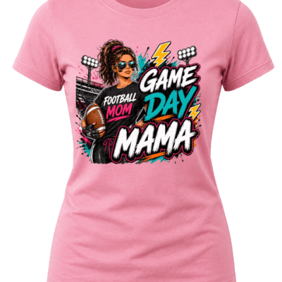 Street-art Game Day Mama football graphic with a football mom holding a ball, stadium lights, teal, pink, orange and white lettering.