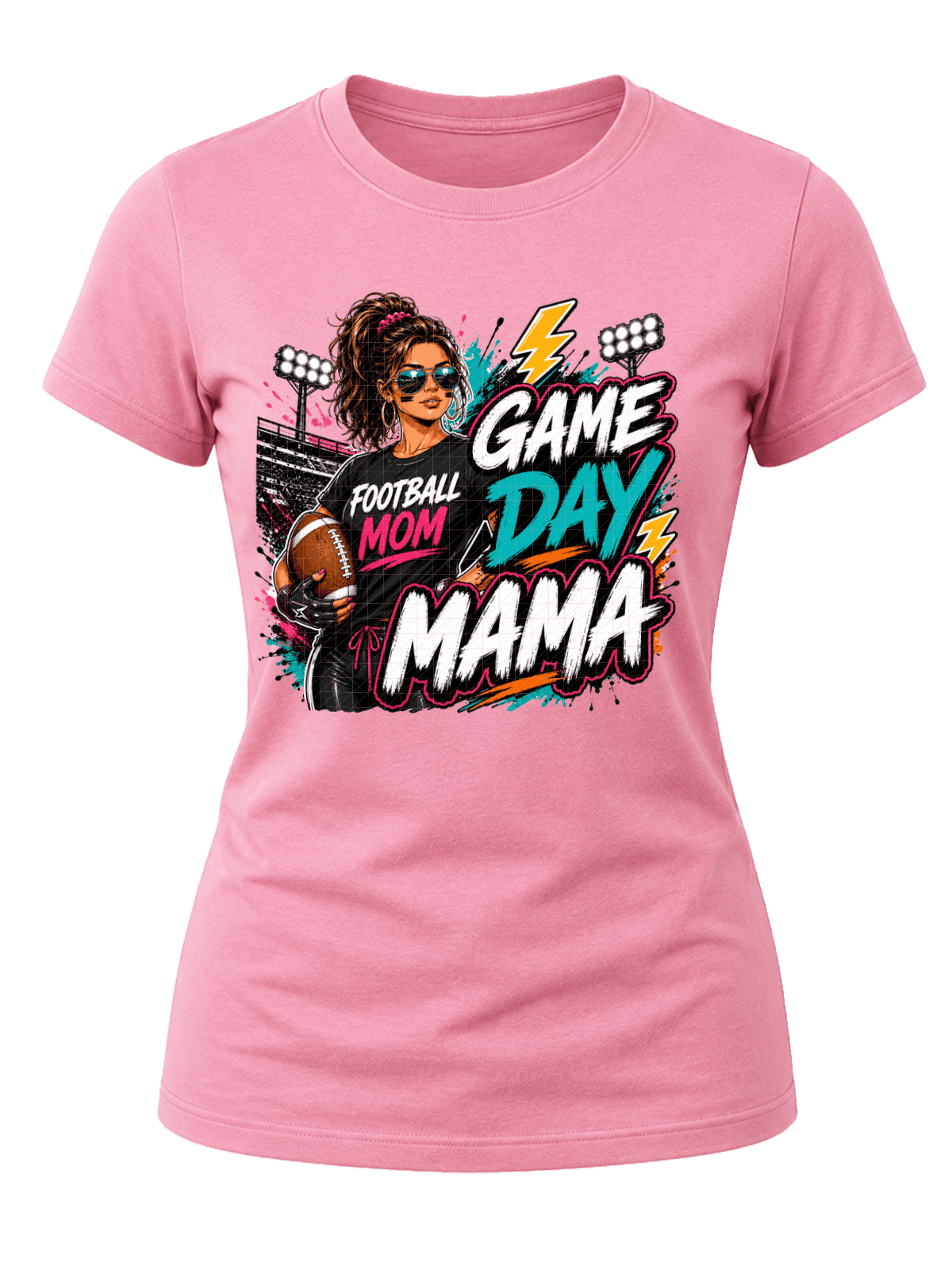 Street-art Game Day Mama football graphic with a football mom holding a ball, stadium lights, teal, pink, orange and white lettering.