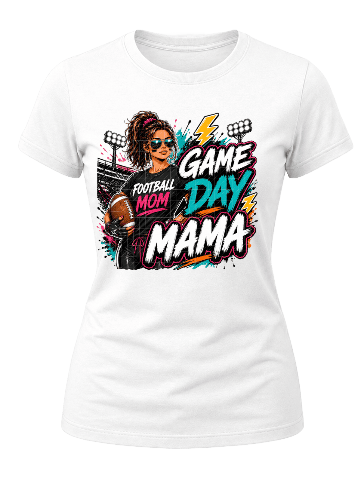 Street-art Game Day Mama football graphic with a football mom holding a ball, stadium lights, teal, pink, orange and white lettering.