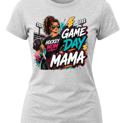 Street-art Game Day Mama hockey graphic with a hockey mom holding a stick, arena lights, teal, pink, orange and white lettering.