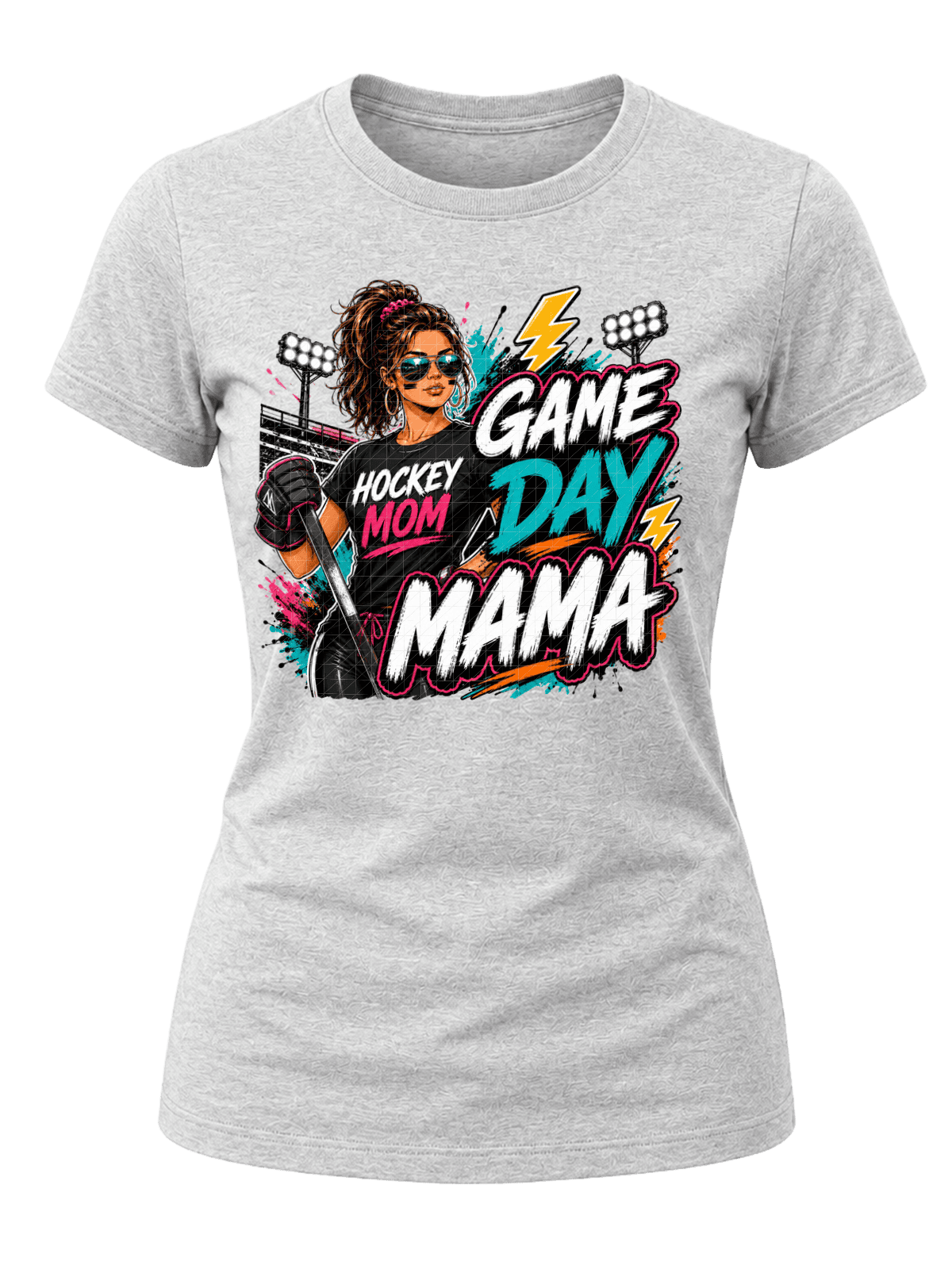 Street-art Game Day Mama hockey graphic with a hockey mom holding a stick, arena lights, teal, pink, orange and white lettering.