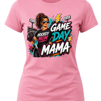 Street-art Game Day Mama hockey graphic with a hockey mom holding a stick, arena lights, teal, pink, orange and white lettering.