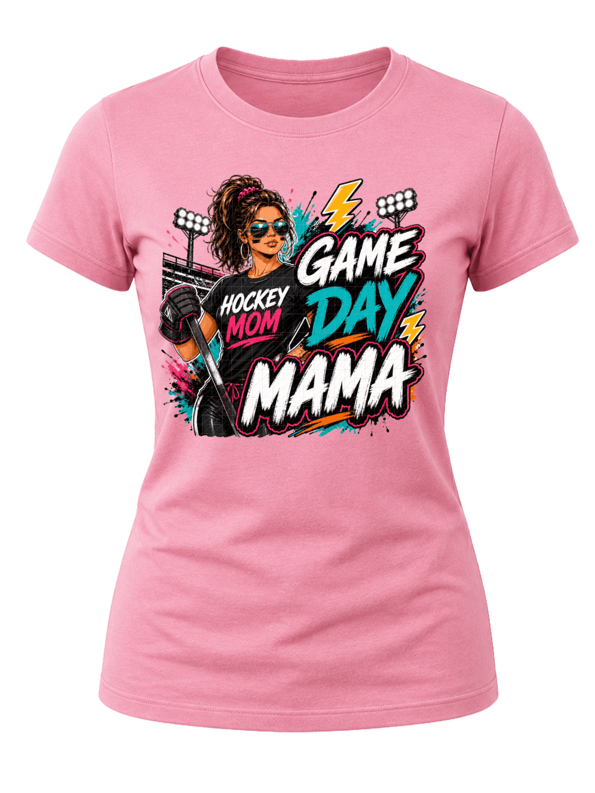 Street-art Game Day Mama hockey graphic with a hockey mom holding a stick, arena lights, teal, pink, orange and white lettering.