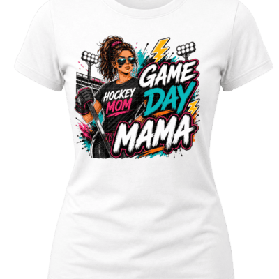 Street-art Game Day Mama hockey graphic with a hockey mom holding a stick, arena lights, teal, pink, orange and white lettering.