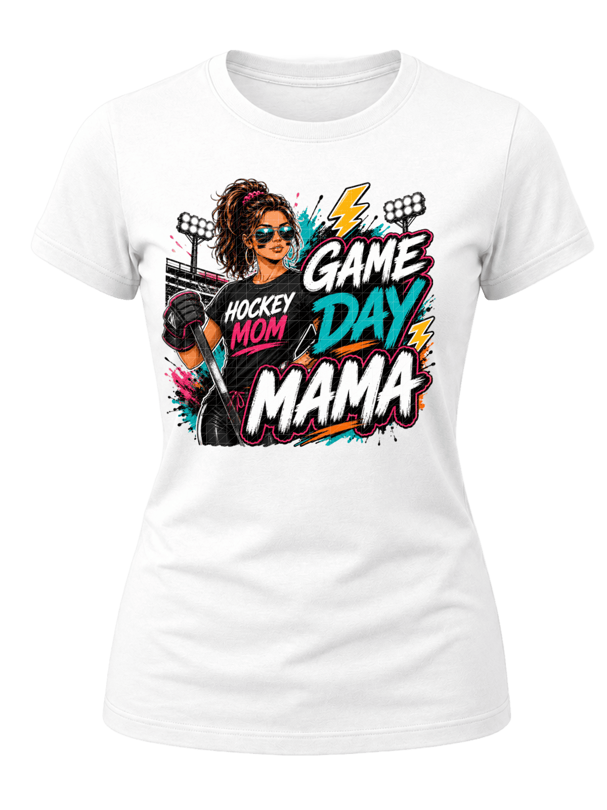 Street-art Game Day Mama hockey graphic with a hockey mom holding a stick, arena lights, teal, pink, orange and white lettering.