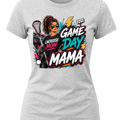 Street-art Game Day Mama lacrosse graphic with a lacrosse mom holding a stick, stadium lights, ball, teal, pink and white lettering.