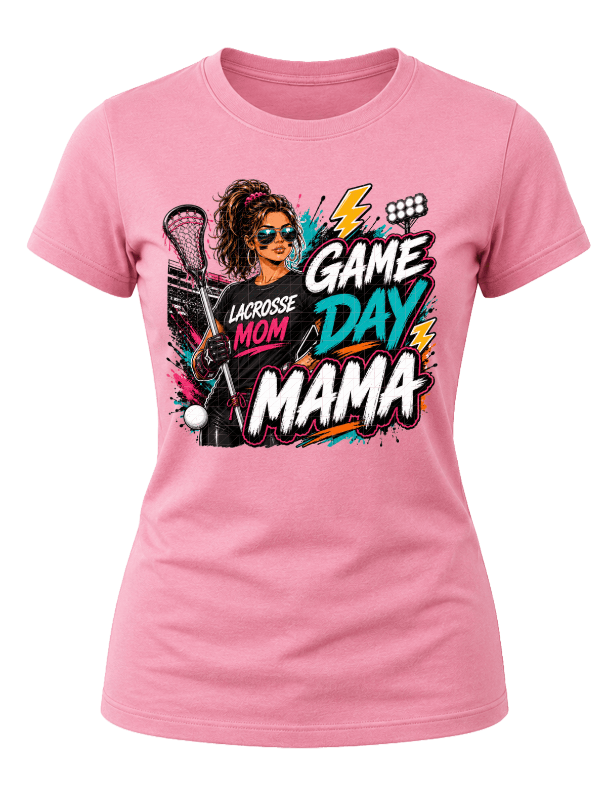 Street-art Game Day Mama lacrosse graphic with a lacrosse mom holding a stick, stadium lights, ball, teal, pink and white lettering.