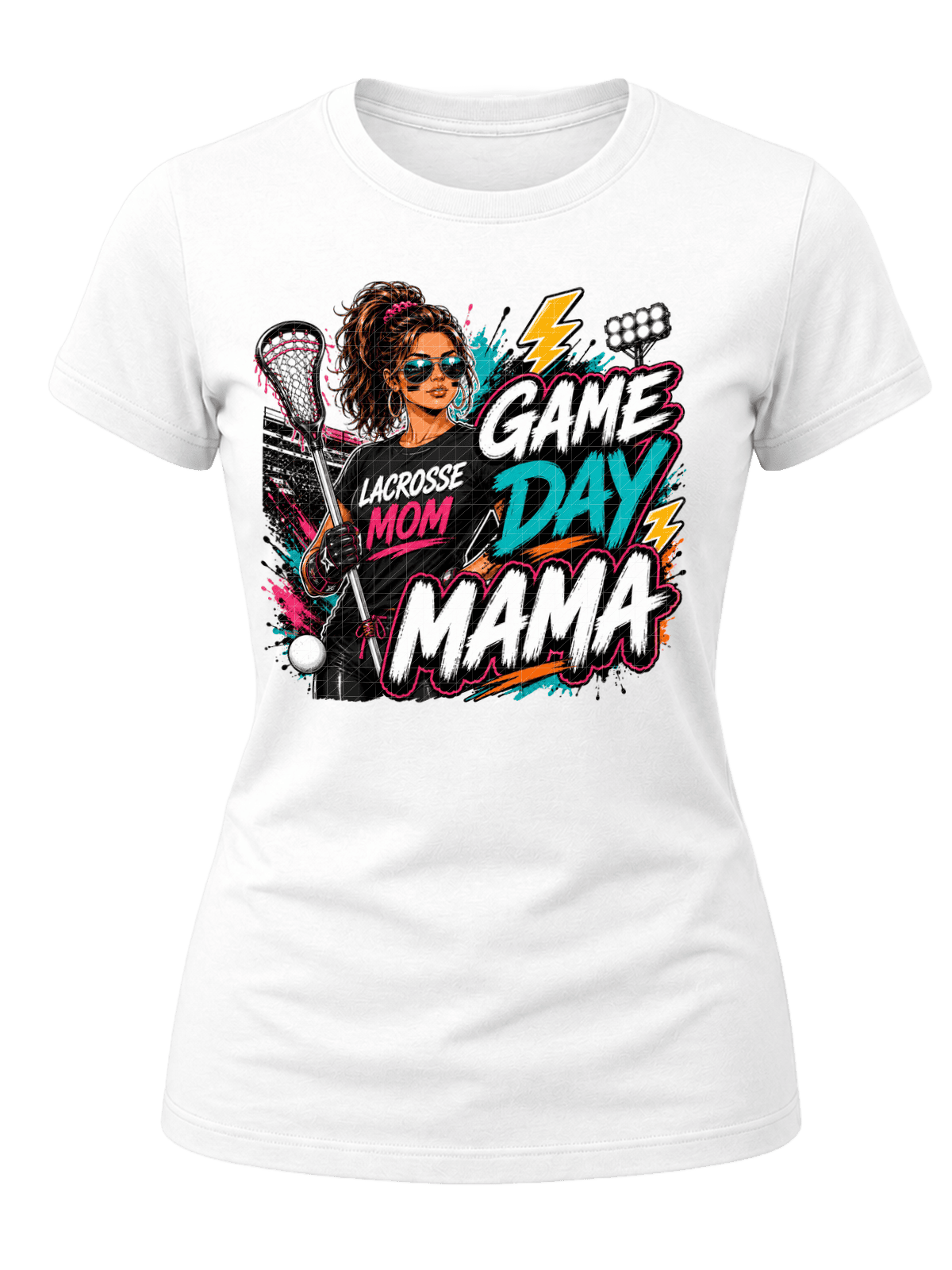 Street-art Game Day Mama lacrosse graphic with a lacrosse mom holding a stick, stadium lights, ball, teal, pink and white lettering.
