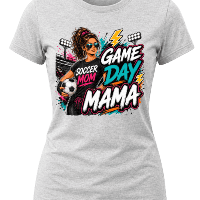 Street-art Game Day Mama soccer graphic with a soccer mom holding a ball, stadium lights, teal, pink, orange and white lettering.