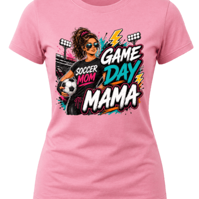 Street-art Game Day Mama soccer graphic with a soccer mom holding a ball, stadium lights, teal, pink, orange and white lettering.