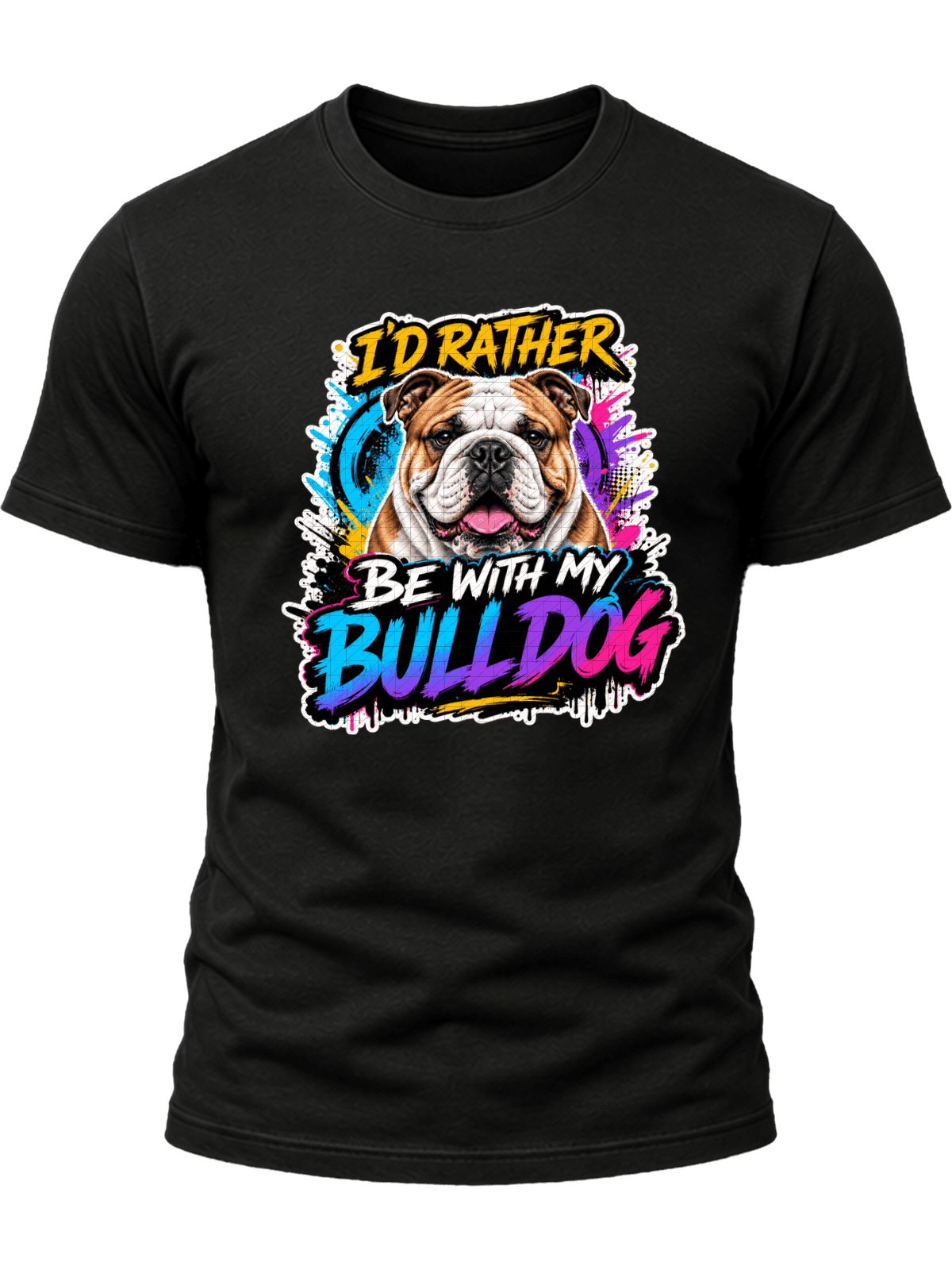 I'd Rather Be With My Corgi Shirt design with smiling orange-and-white corgi, colorful graffiti background, yellow headline, and gradient CORGI text.