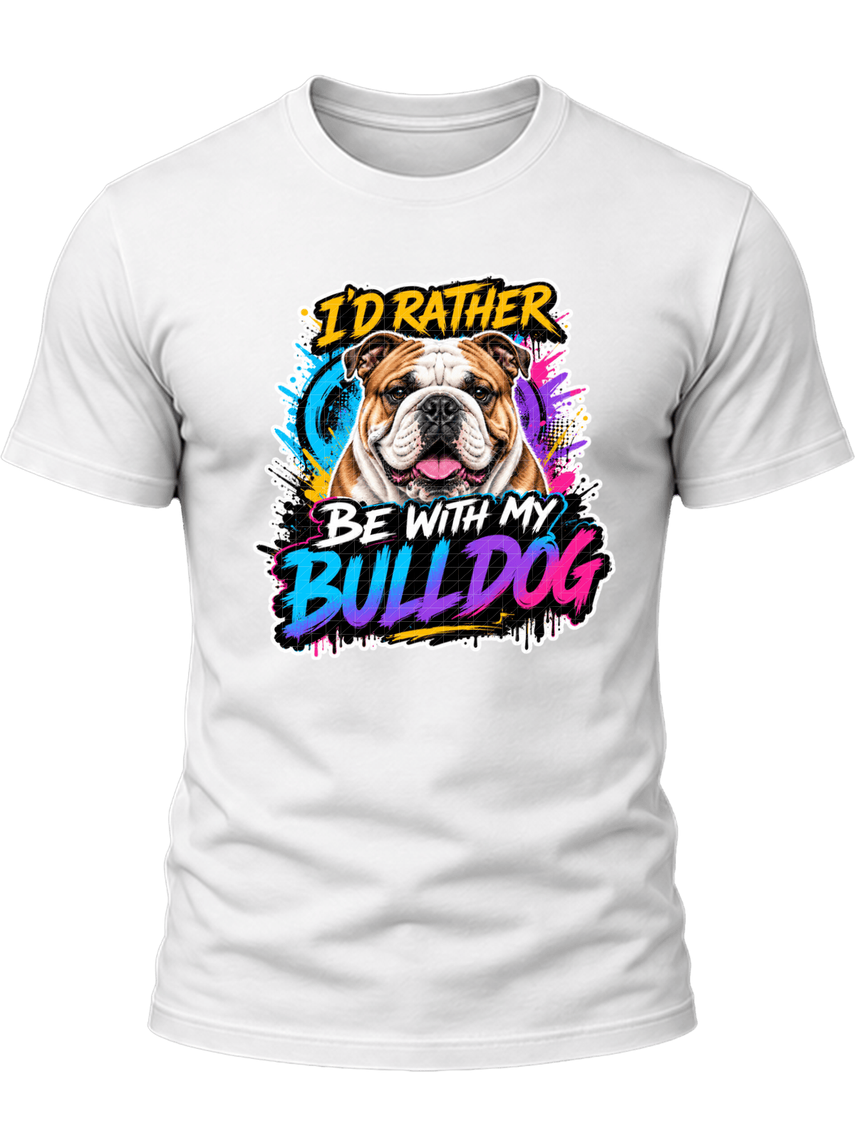 I'd Rather Be With My Corgi Shirt design with smiling orange-and-white corgi, colorful graffiti background, yellow headline, and gradient CORGI text.