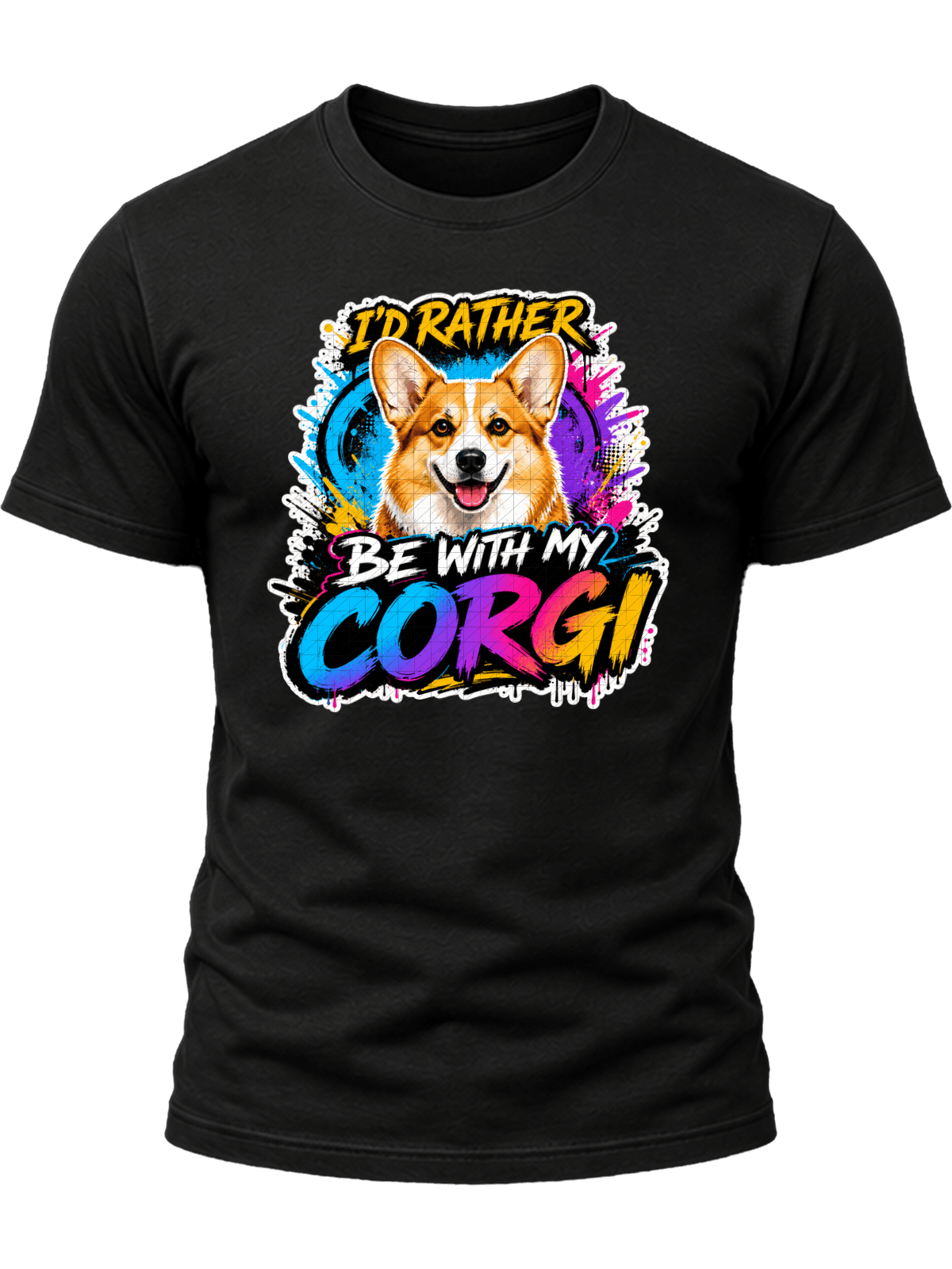 I'd Rather Be With My Corgi Shirt design with smiling orange-and-white corgi, colorful graffiti background, yellow headline, and gradient CORGI text.