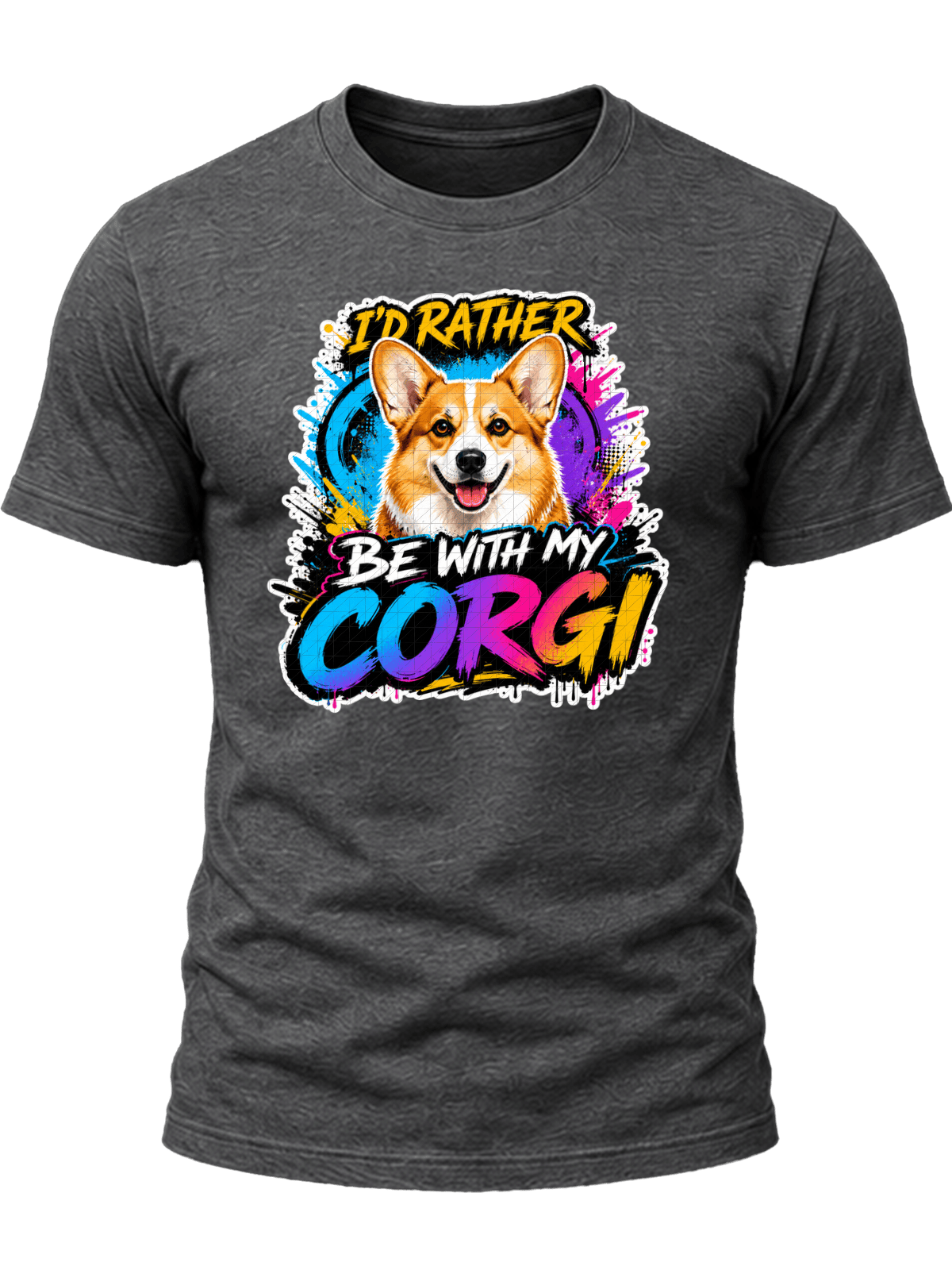 I'd Rather Be With My Corgi Shirt design with smiling orange-and-white corgi, colorful graffiti background, yellow headline, and gradient CORGI text.