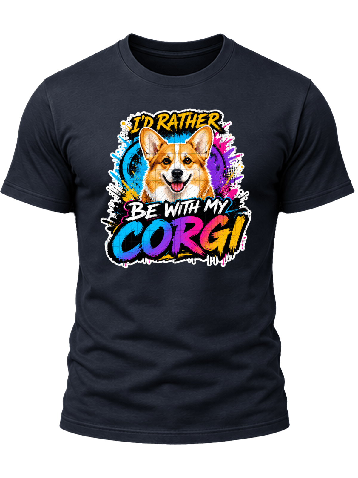 I'd Rather Be With My Corgi Shirt design with smiling orange-and-white corgi, colorful graffiti background, yellow headline, and gradient CORGI text.