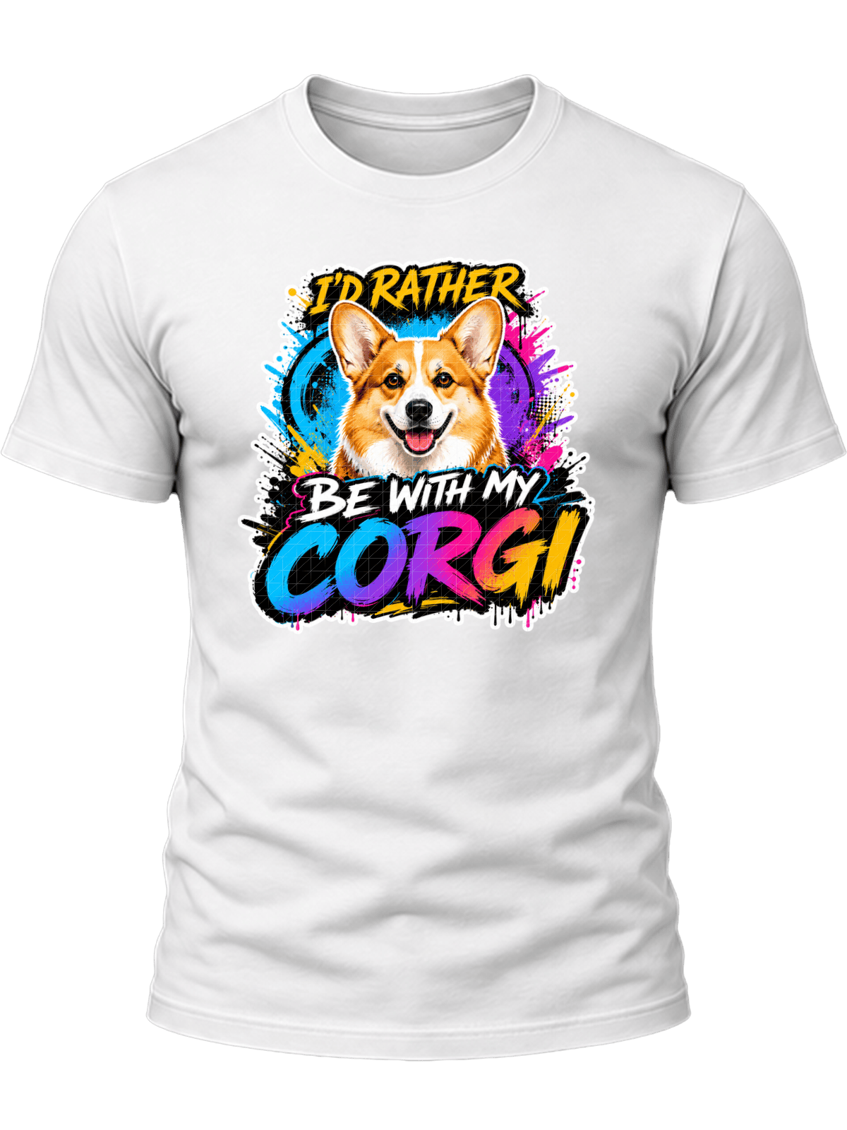 I'd Rather Be With My Corgi Shirt design with smiling orange-and-white corgi, colorful graffiti background, yellow headline, and gradient CORGI text.