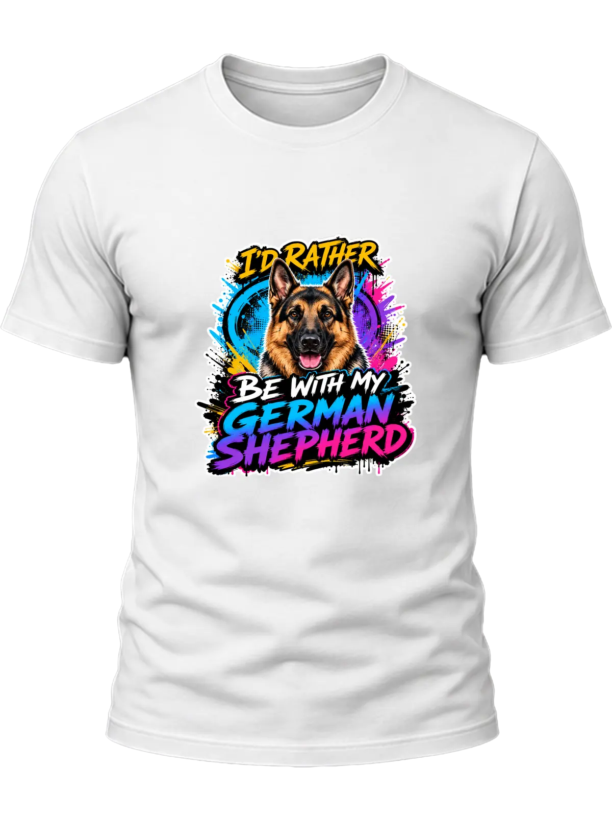 I'd Rather Be With My German Shepherd Shirt design with alert German shepherd portrait, cyan-purple-pink graffiti splashes, and bold gradient breed lettering.