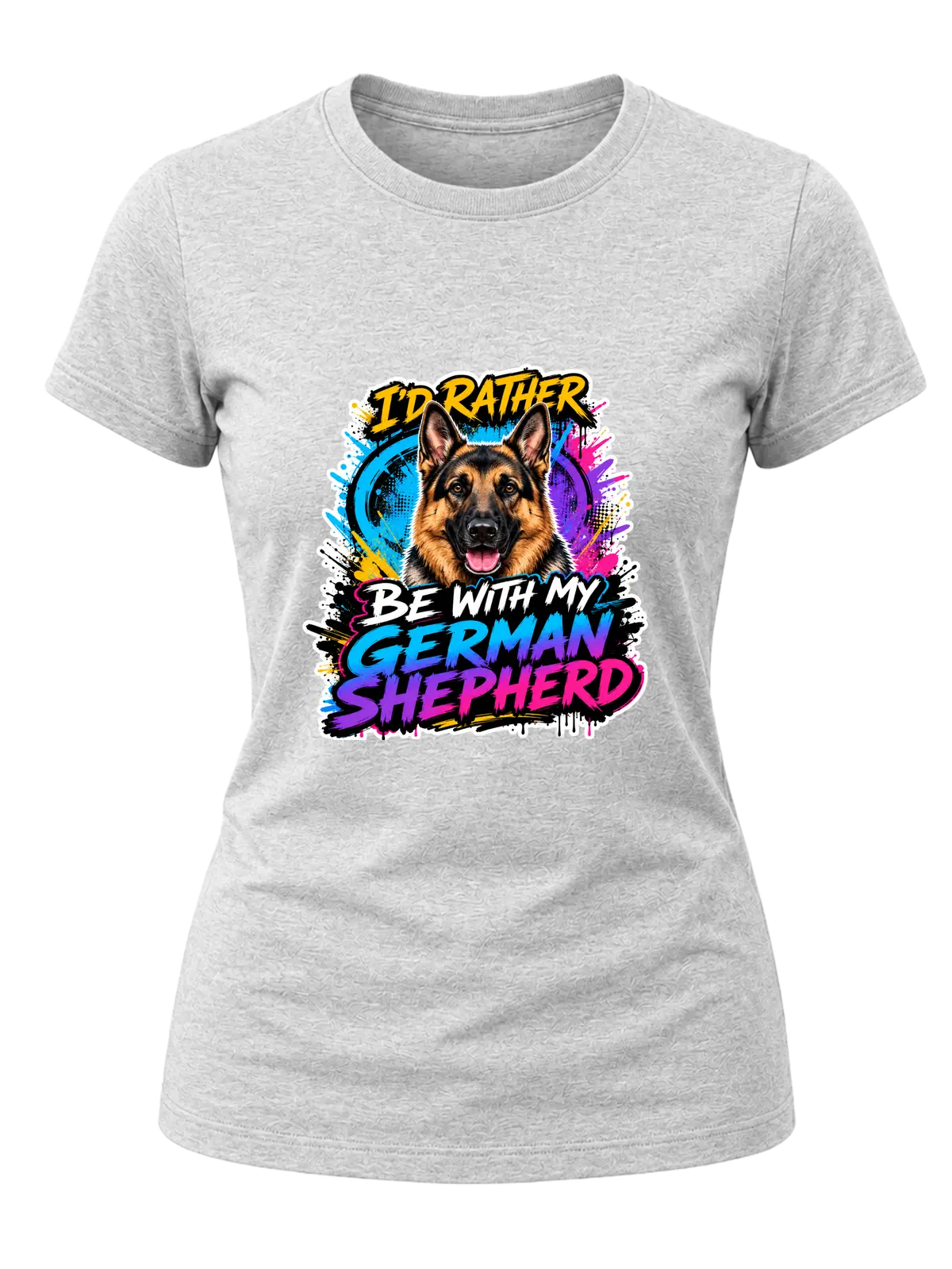 I'd Rather Be With My German Shepherd Shirt design with alert German shepherd portrait, cyan-purple-pink graffiti splashes, and bold gradient breed lettering.
