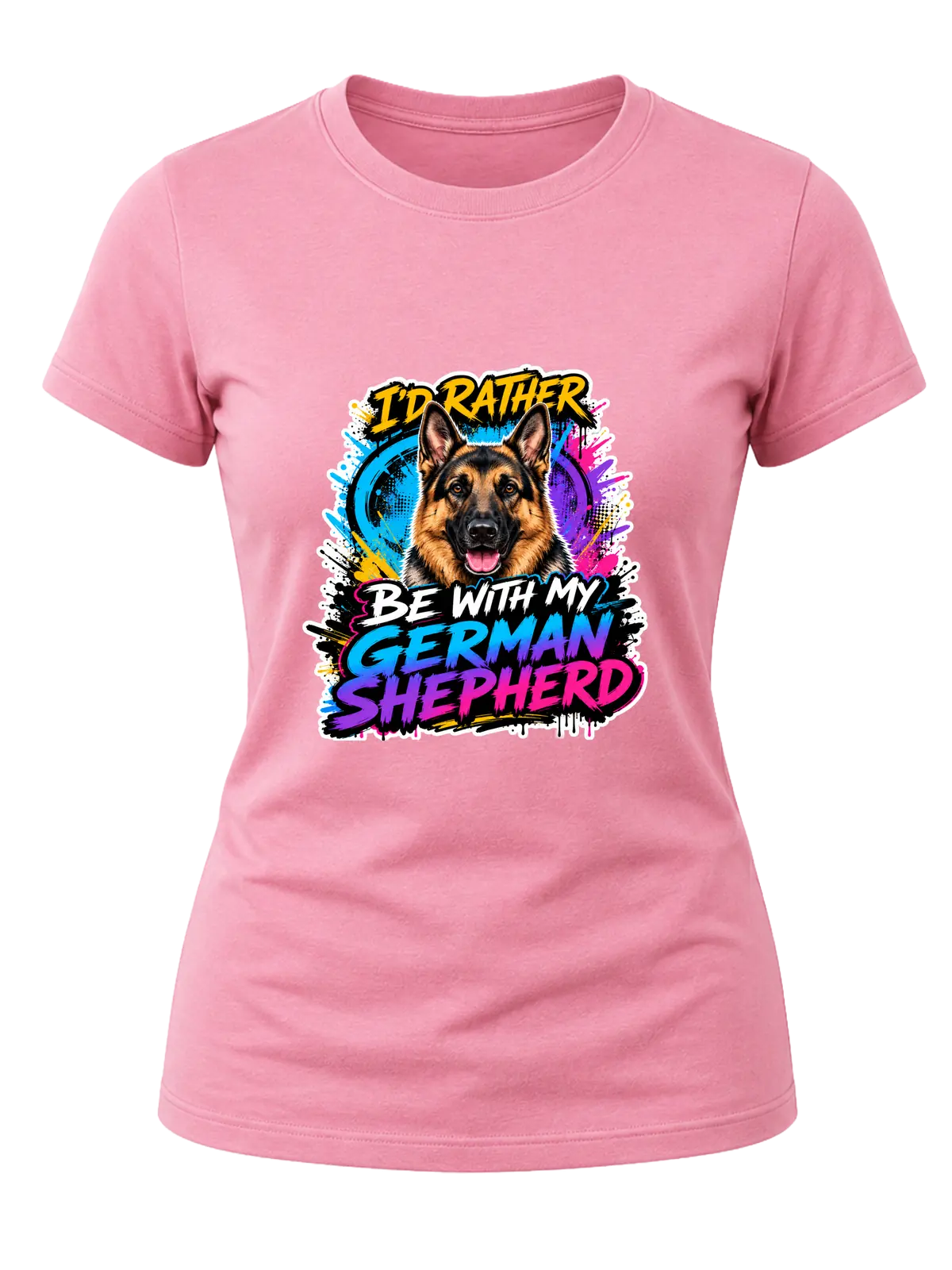 I'd Rather Be With My German Shepherd Shirt design with alert German shepherd portrait, cyan-purple-pink graffiti splashes, and bold gradient breed lettering.