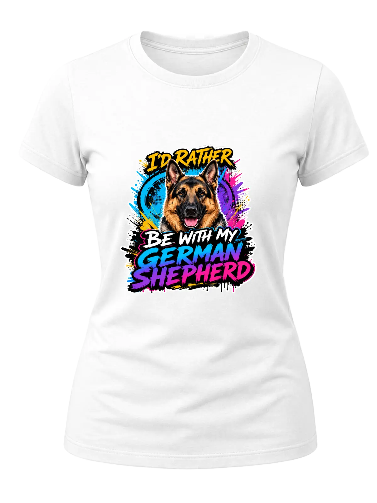 I'd Rather Be With My German Shepherd Shirt design with alert German shepherd portrait, cyan-purple-pink graffiti splashes, and bold gradient breed lettering.