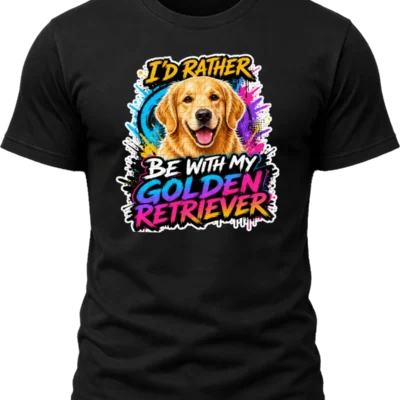 I'd Rather Be With My Golden Retriever Shirt design with smiling golden retriever, vivid cyan-purple-pink graffiti splashes, and colorful brush-style text.
