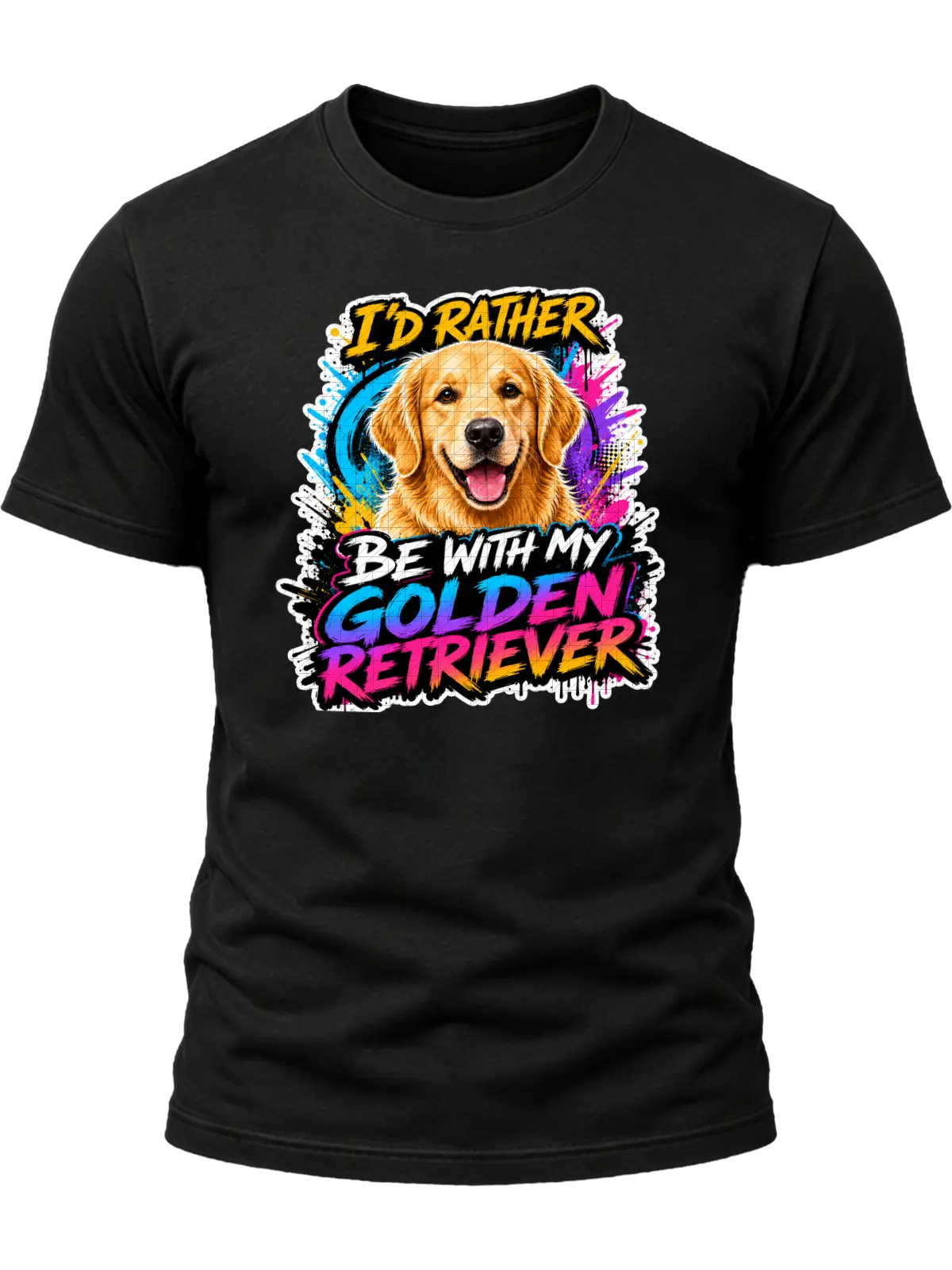 I'd Rather Be With My Golden Retriever Shirt design with smiling golden retriever, vivid cyan-purple-pink graffiti splashes, and colorful brush-style text.