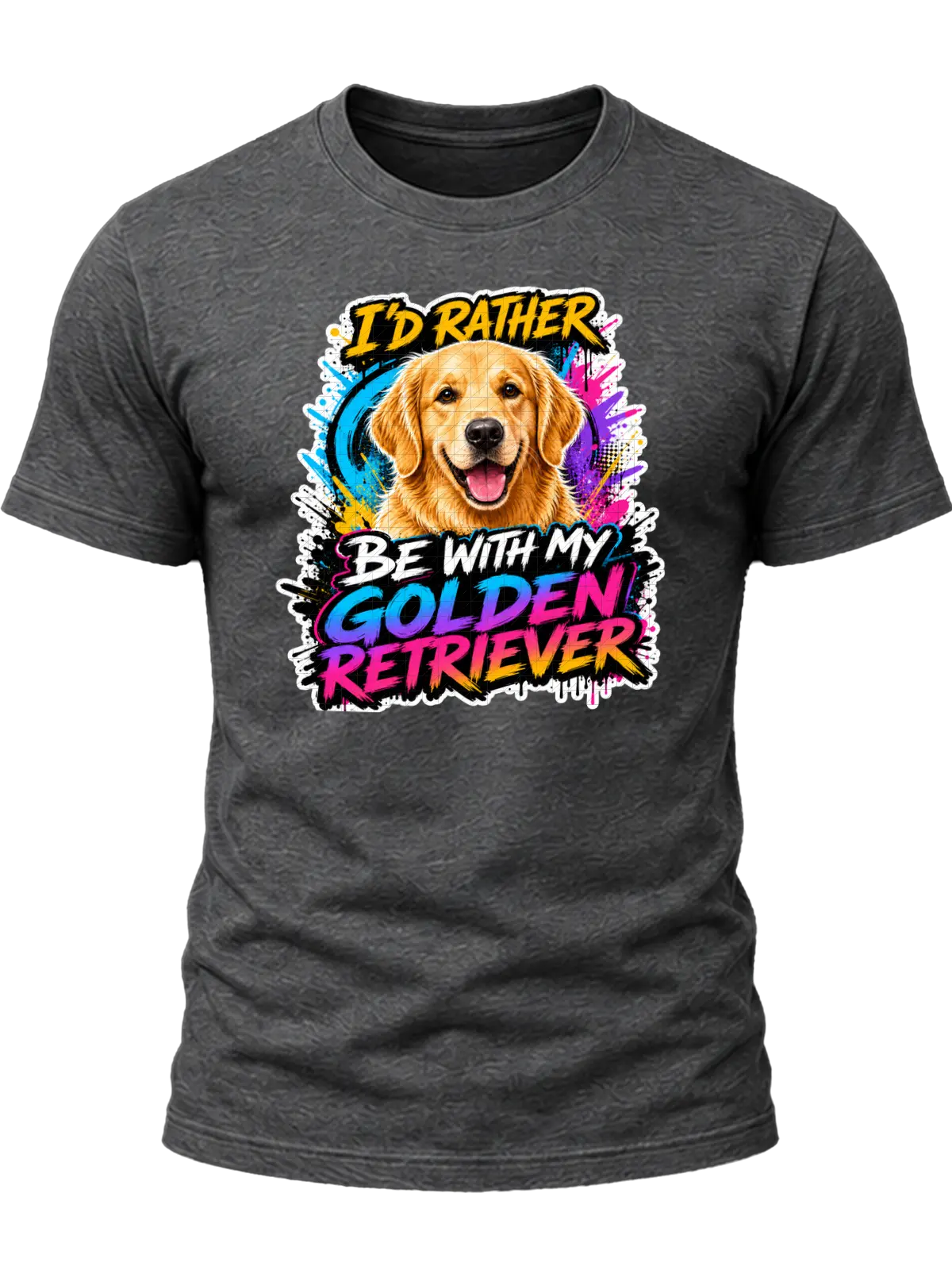 I'd Rather Be With My Golden Retriever Shirt design with smiling golden retriever, vivid cyan-purple-pink graffiti splashes, and colorful brush-style text.