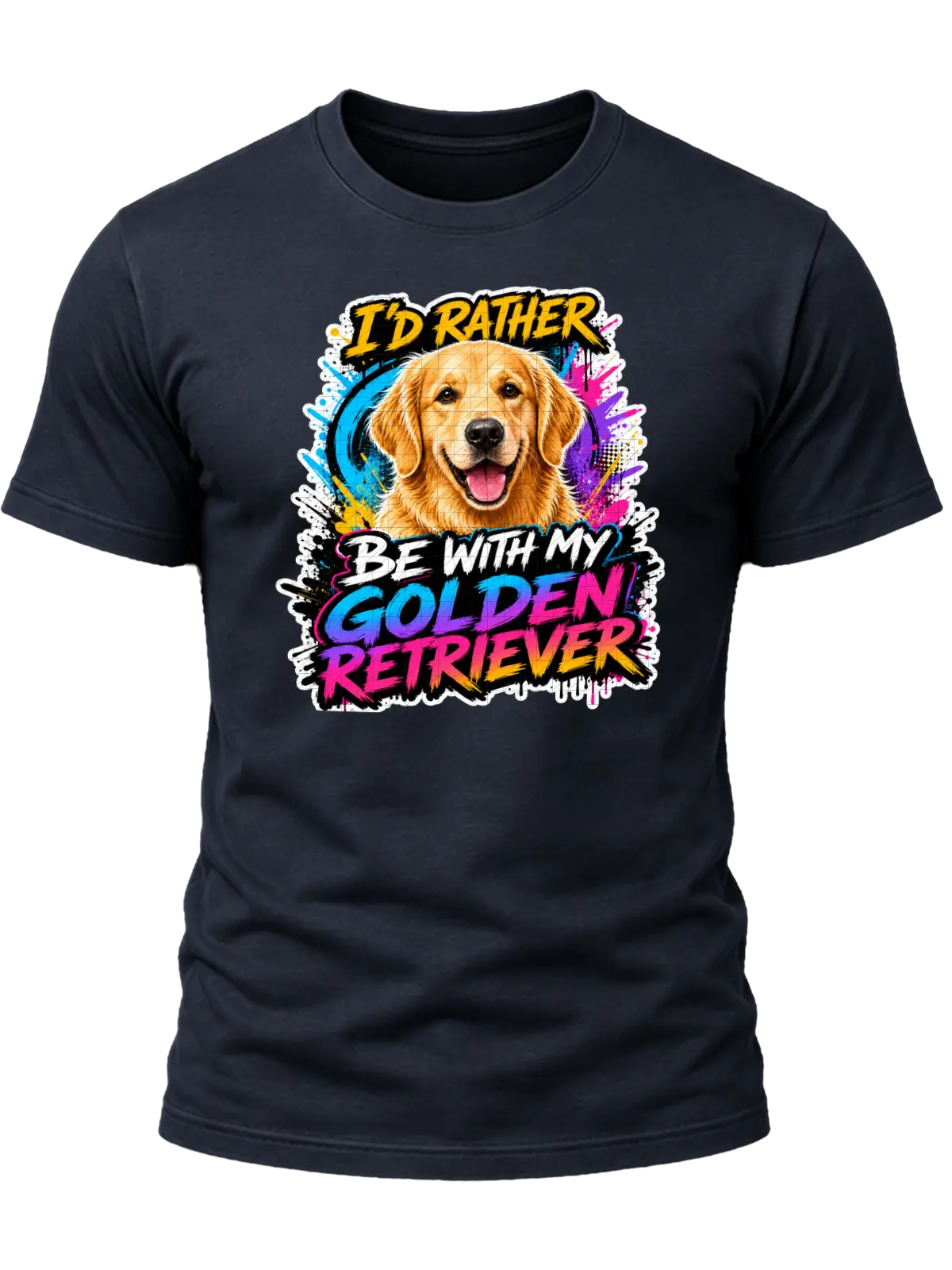 I'd Rather Be With My Golden Retriever Shirt design with smiling golden retriever, vivid cyan-purple-pink graffiti splashes, and colorful brush-style text.