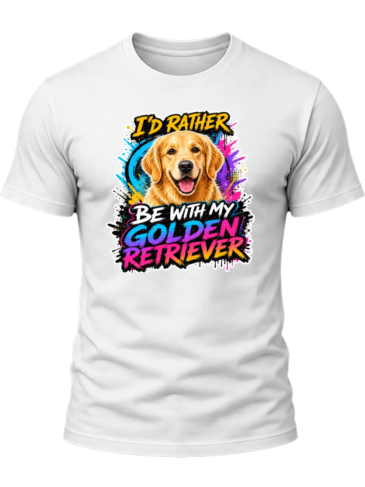 I'd Rather Be With My Golden Retriever Shirt design with smiling golden retriever, vivid cyan-purple-pink graffiti splashes, and colorful brush-style text.