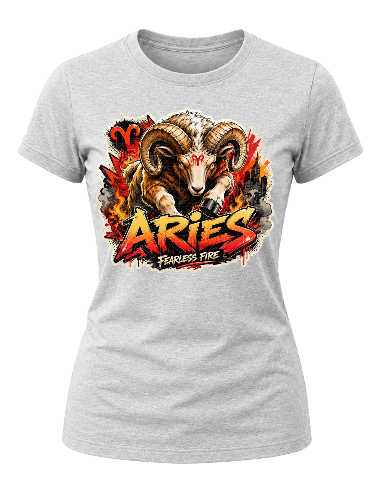 Aries Fearless Fire Zodiac Shirt design with horned ram, red Aries symbols, flames, city details, and red-orange graffiti text