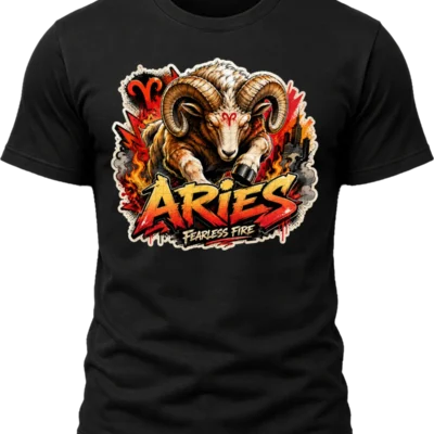 Aries Fearless Fire Zodiac Shirt design with horned ram, red Aries symbols, flames, city details, and red-orange graffiti text
