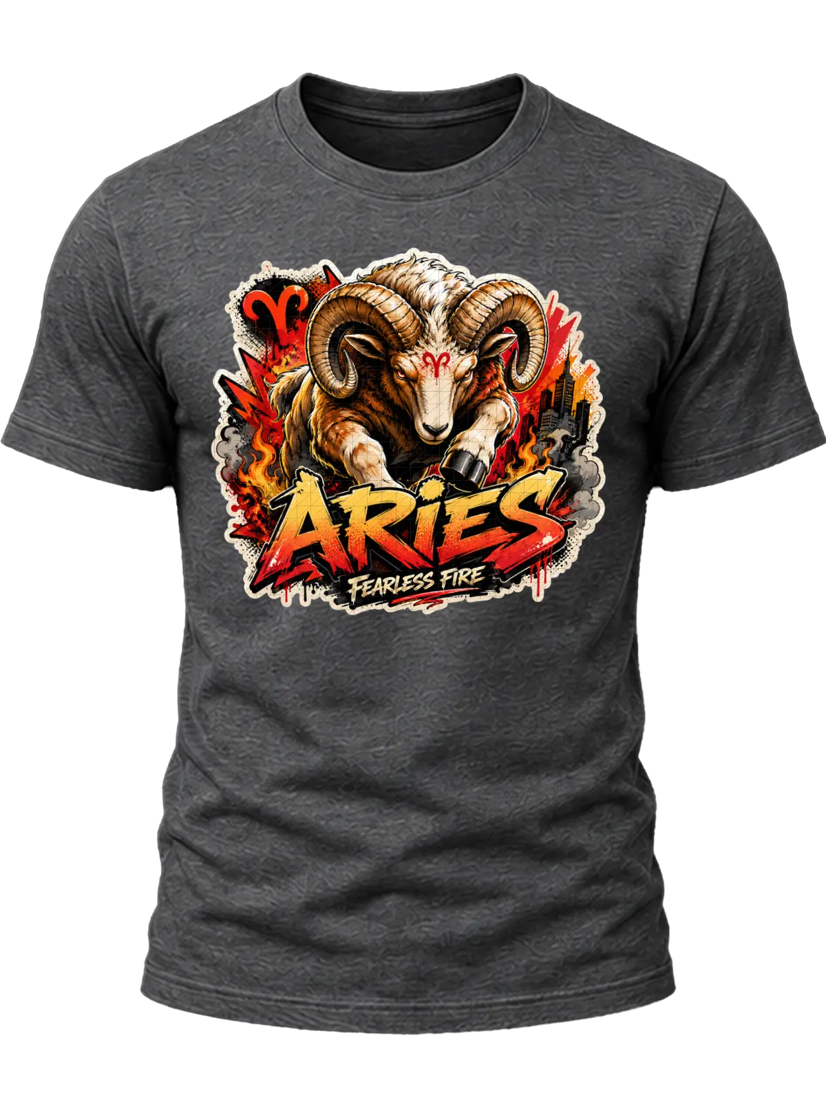 Aries Fearless Fire Zodiac Shirt design with horned ram, red Aries symbols, flames, city details, and red-orange graffiti text