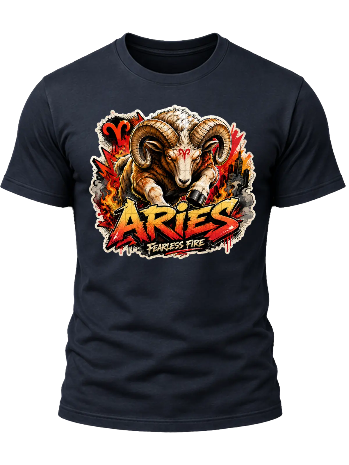 Aries Fearless Fire Zodiac Shirt design with horned ram, red Aries symbols, flames, city details, and red-orange graffiti text