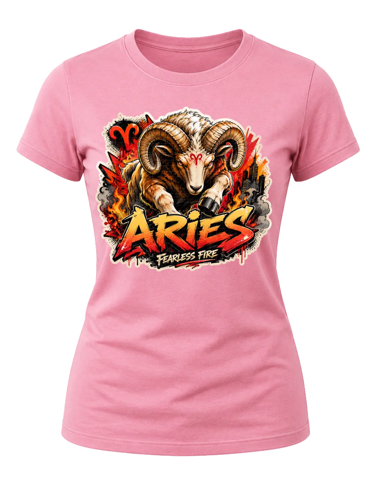 Aries Fearless Fire Zodiac Shirt design with horned ram, red Aries symbols, flames, city details, and red-orange graffiti text