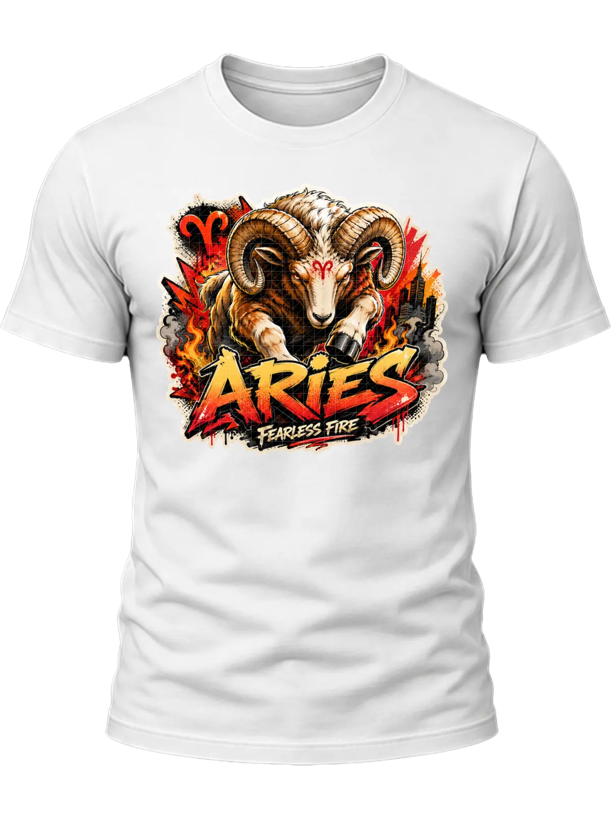Aries Fearless Fire Zodiac Shirt design with horned ram, red Aries symbols, flames, city details, and red-orange graffiti text