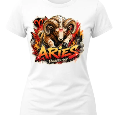 Aries Fearless Fire Zodiac Shirt design with horned ram, red Aries symbols, flames, city details, and red-orange graffiti text