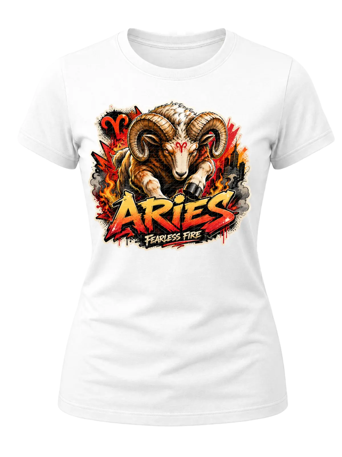Aries Fearless Fire Zodiac Shirt design with horned ram, red Aries symbols, flames, city details, and red-orange graffiti text