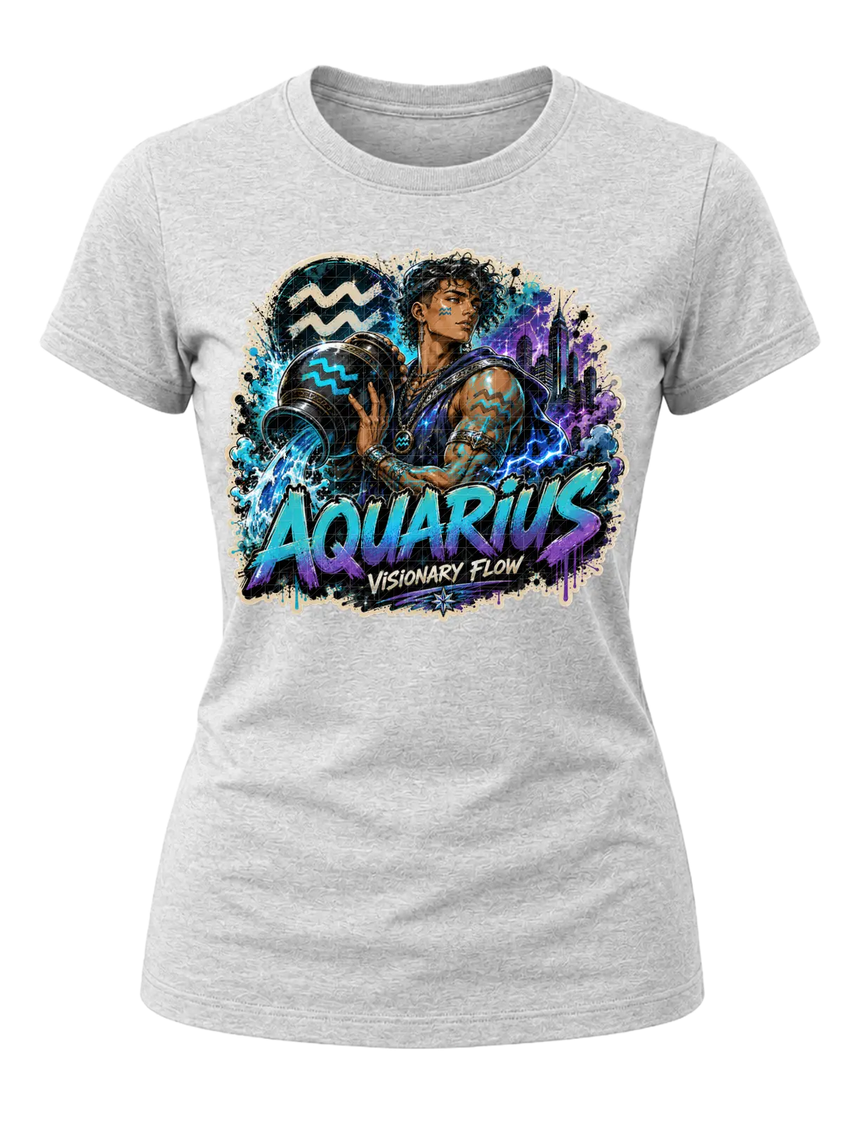 Aquarius Visionary Flow Zodiac Shirt design with water bearer, flowing blue water, Aquarius symbols, purple city lights, and graffiti text