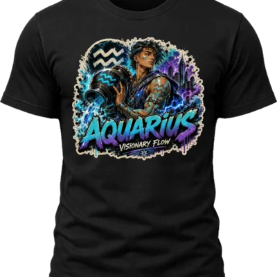 Aquarius Visionary Flow Zodiac Shirt design with water bearer, flowing blue water, Aquarius symbols, purple city lights, and graffiti text