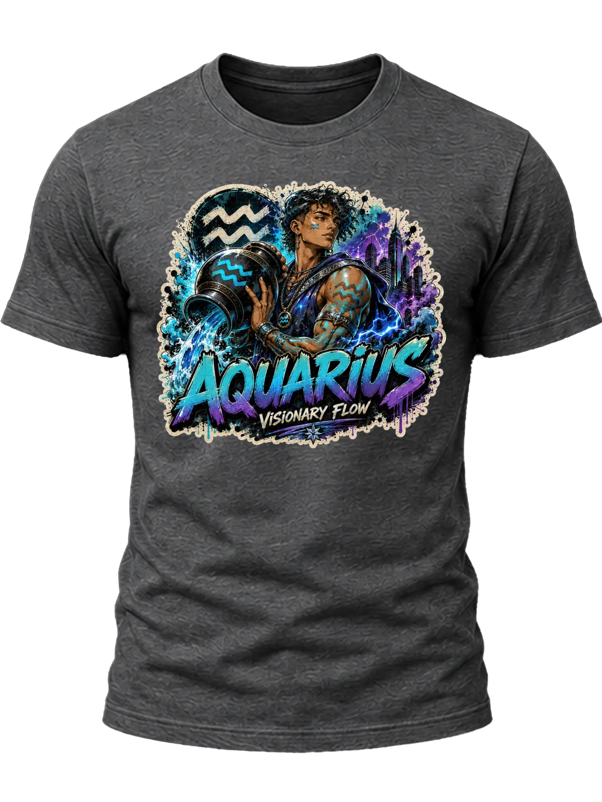 Aquarius Visionary Flow Zodiac Shirt design with water bearer, flowing blue water, Aquarius symbols, purple city lights, and graffiti text