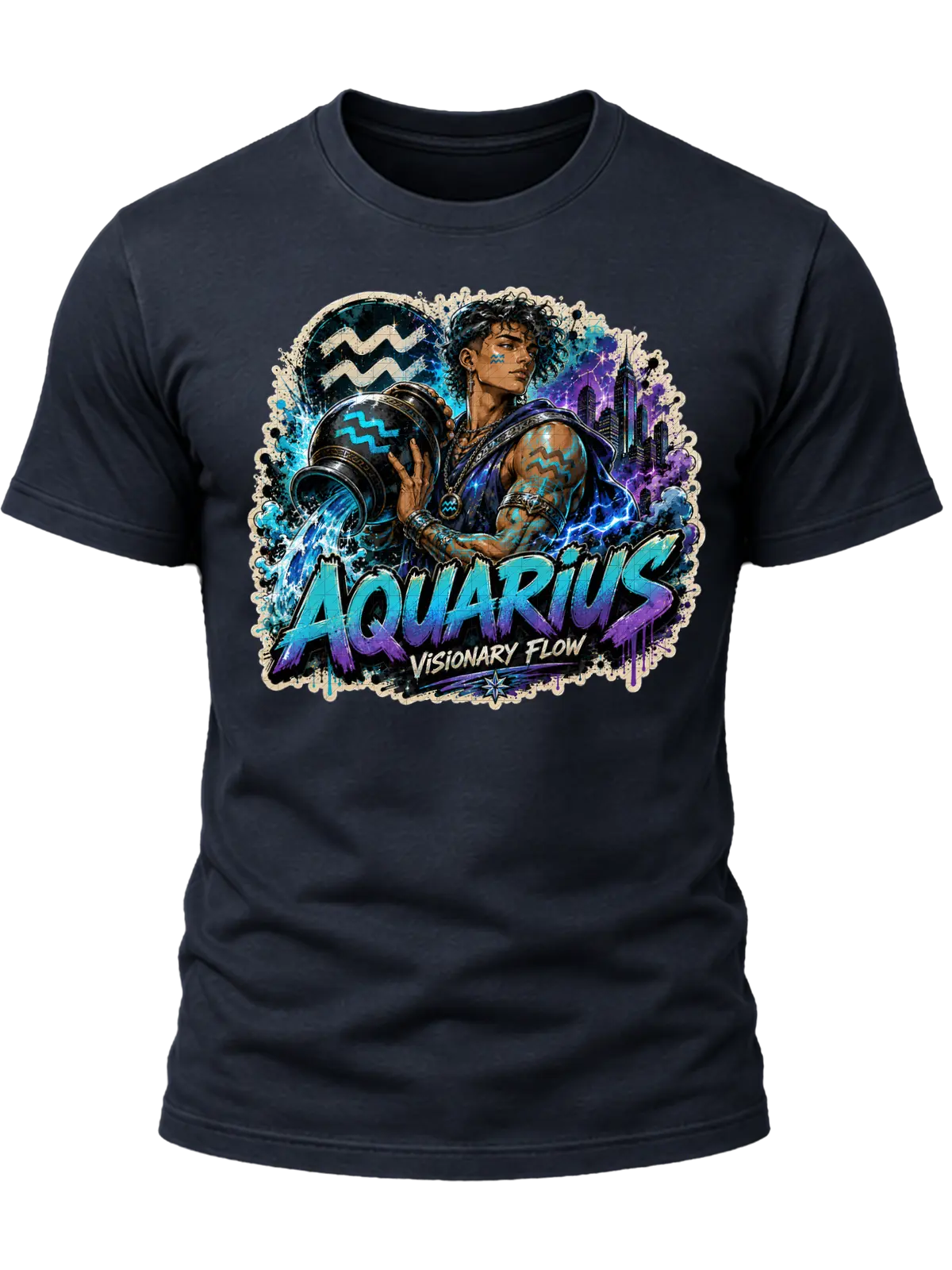 Aquarius Visionary Flow Zodiac Shirt design with water bearer, flowing blue water, Aquarius symbols, purple city lights, and graffiti text