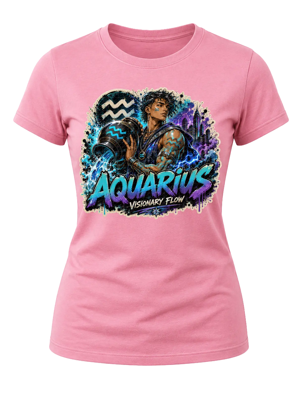 Aquarius Visionary Flow Zodiac Shirt design with water bearer, flowing blue water, Aquarius symbols, purple city lights, and graffiti text